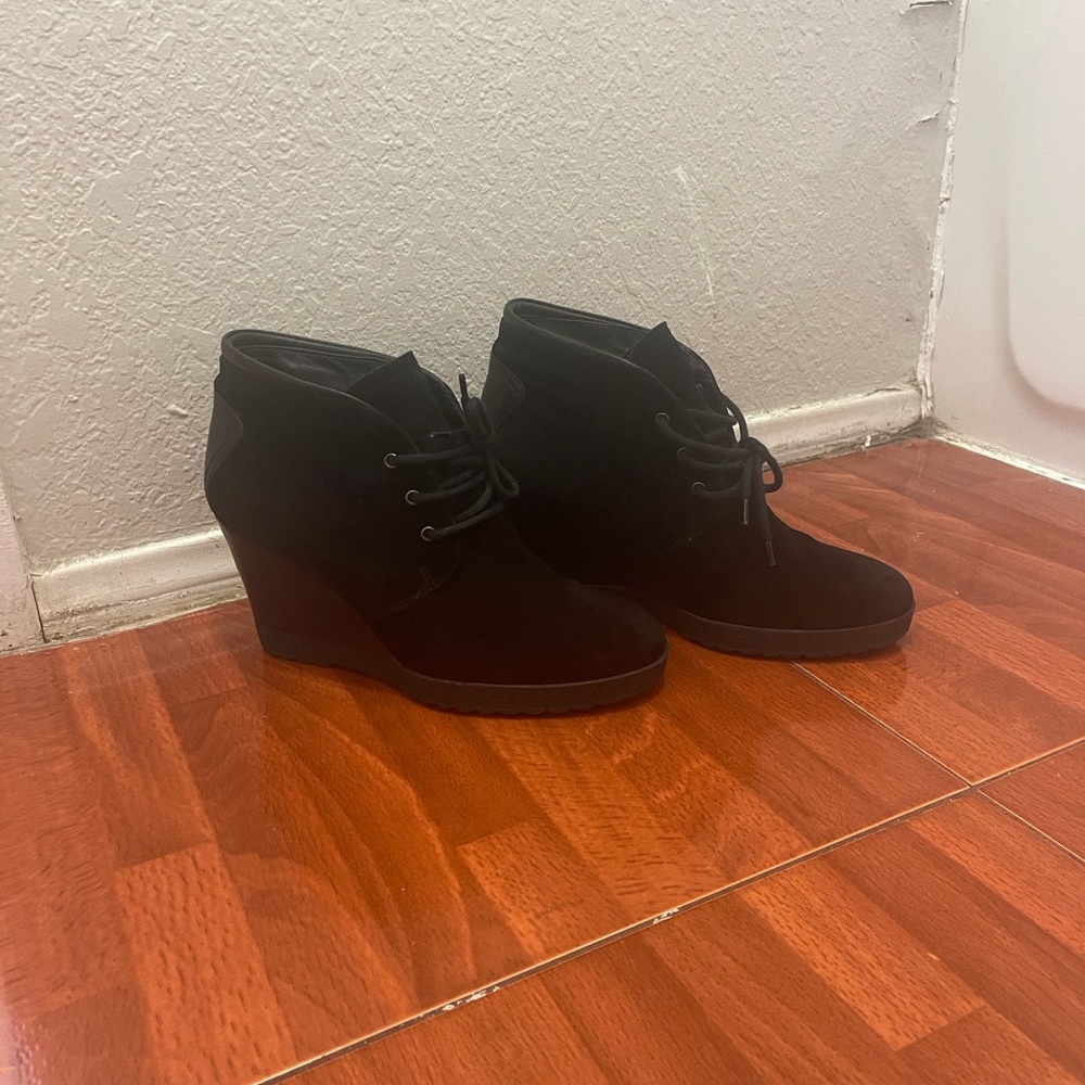 Black Suede Wedge Ankle Booties with Lace-Up Front